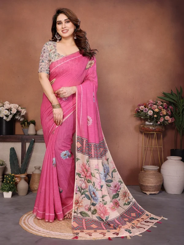 Floral Print Bollywood Cotton Linen Saree