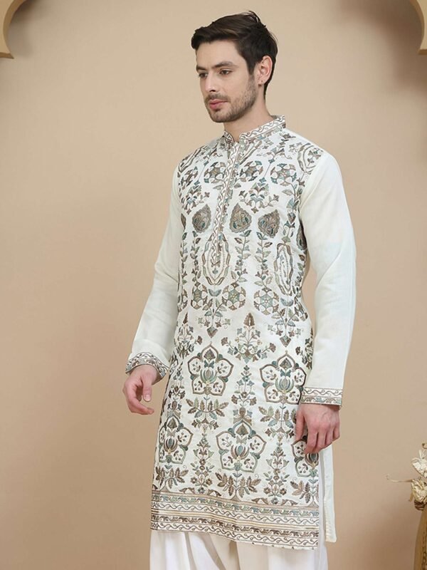 Men Embroidered Pure Silk Straight Kurta
