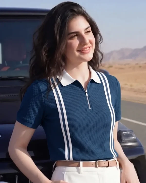Women Self Design Polo Neck Cotton Blend Blue T-Shirt