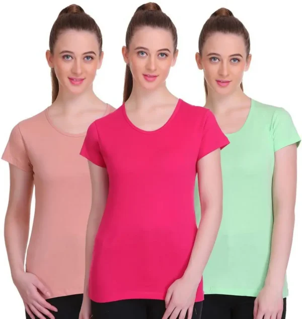 Pack of 3 Women Solid Round Neck Cotton Blend Multicolor T-Shirt