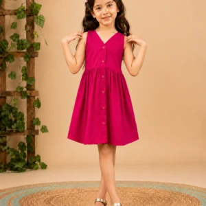 Girls Above Knee Casual Dress (Pink, Sleeveless)