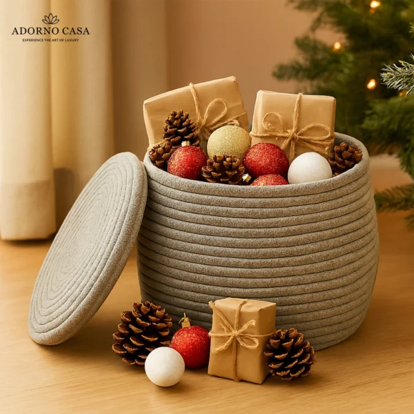 Adorno Casa Cotton Grey Bulbous Basket Jute, Cotton Fruit & Vegetable Basket (Grey)